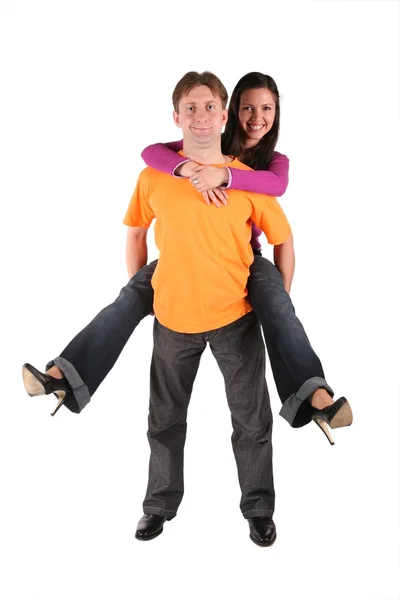 Kvinna omfamnar man, man Håll kvinna isolerad på vit — Stockfoto