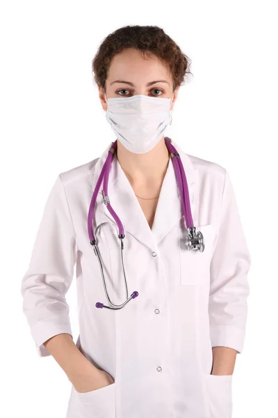 Retrato doktor mujer en máscara aislado en blanco — Foto de Stock
