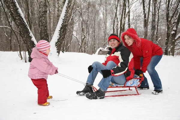 Vintern familj på släde — Stockfoto
