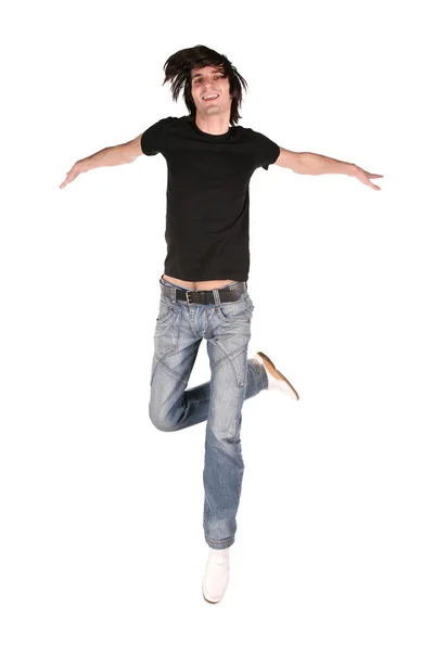 Jumping boy in black — Stock Photo, Image