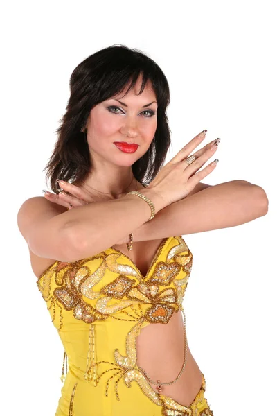 黄色手向前跨肚皮舞的女人 — 图库照片