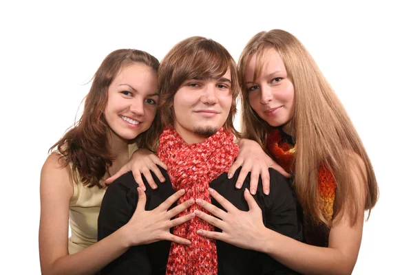 Smiling two girls and guy — Stock Photo, Image