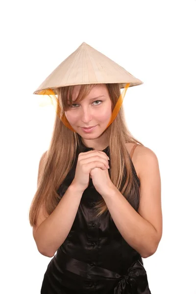 Blond in the japanese hat — Stock Photo, Image