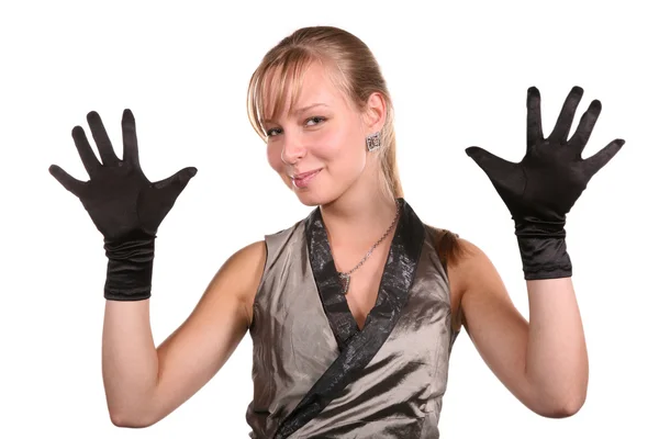 Jonge vrouw in zwarte handschoenen — Stockfoto