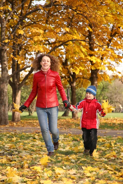Mamma går en promenad med sonen i parken i höst — Stockfoto