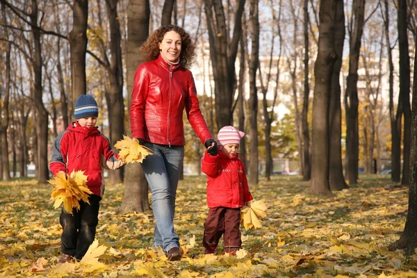 Μητέρα πηγαίνει για μια βόλτα με τα παιδιά στο πάρκο φθινόπωρο με κίτρινο — Φωτογραφία Αρχείου