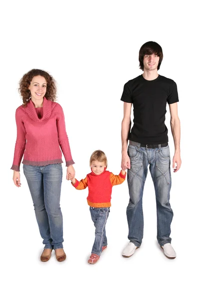 Padre y madre e hija en la escalera en el blancovader en moeder dochter voor de handen te houden over de de Wit — Stockfoto