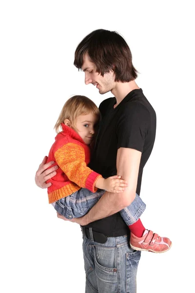 Vater mit der Tochter an den Händen auf dem weißen — Stockfoto