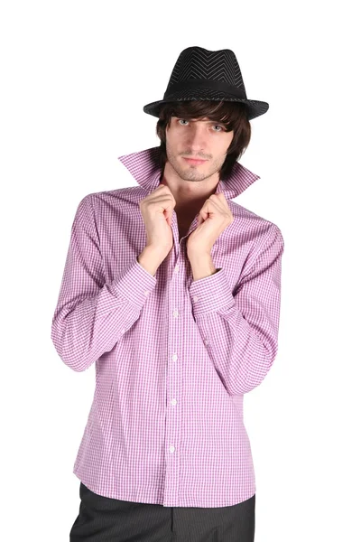 Чоловік у картатій сорочці і чорний капелюх на білому — стокове фото