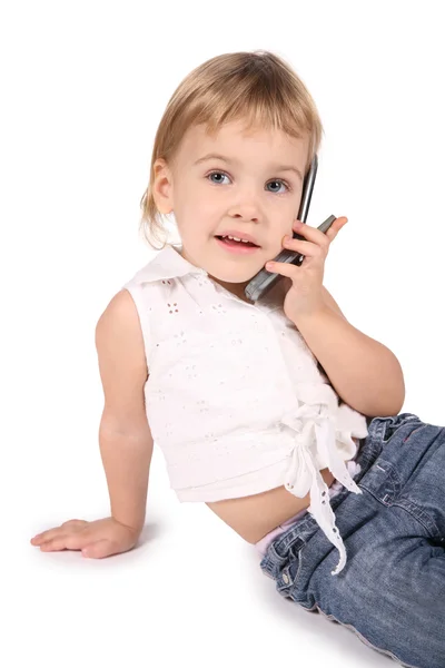 Menina falar no celular no branco — Fotografia de Stock