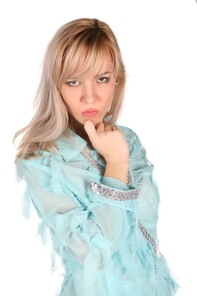 Serious girl in cyan blouse on white 2 — Stock Photo, Image