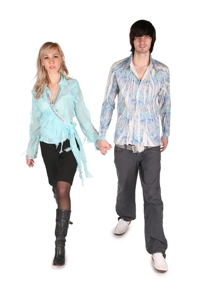 Девушка в голубой блузке и мальчик на белом — стоковое фото