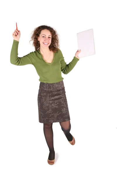Junge Frau mit Stift und weißem Laken auf weißem Papier — Stockfoto