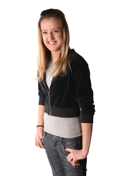 Smiling teenager girl on white — Stockfoto