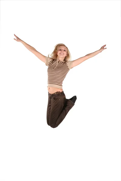 Hermosa mujer joven salto aislado en blanco — Foto de Stock