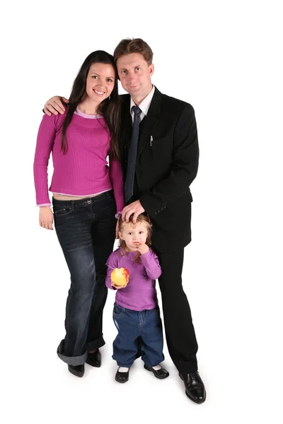 Kind met apple en ouders geïsoleerd op wit — Stockfoto