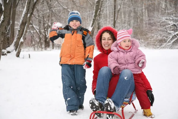 Mãe com crianças no parque no inverno — Fotografia de Stock