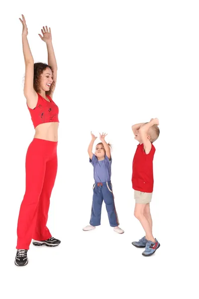Mother and children training hands up — Stock Photo, Image