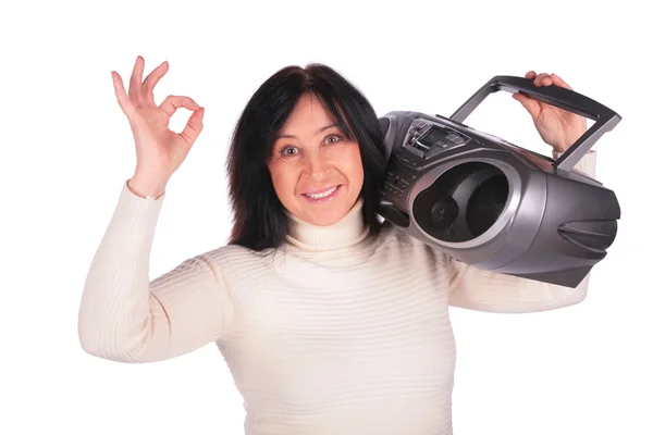 Woman with radio gives gesture — Stock Photo, Image