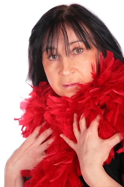Woman in red feather shawl — Stock Photo, Image