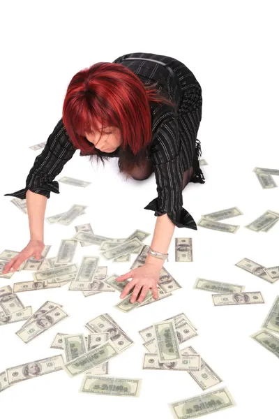 Kvinna samla dollar — Stockfoto