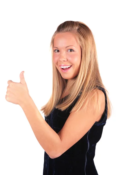 Girl shows gesture Ok by the thumb — Stock Photo, Image