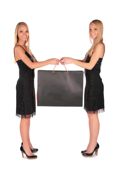 Tvillingflickor innehar väska — Stockfoto