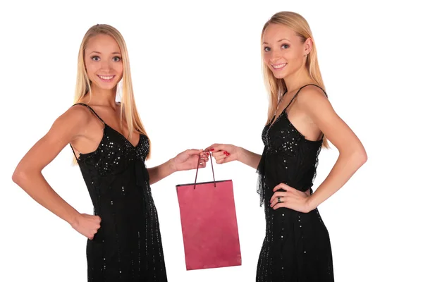 Meninas gêmeas segurando pequeno saco — Fotografia de Stock