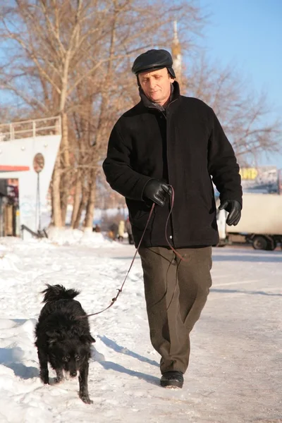 Ihtiyar bir adamın köpek kış bir yürüyüş ile — Stok fotoğraf
