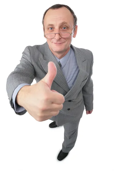Muž v šedém obleku dává gesto 2 — Stock fotografie