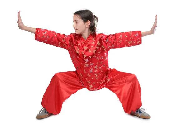 Kung fu girl low stance — Stock Photo, Image