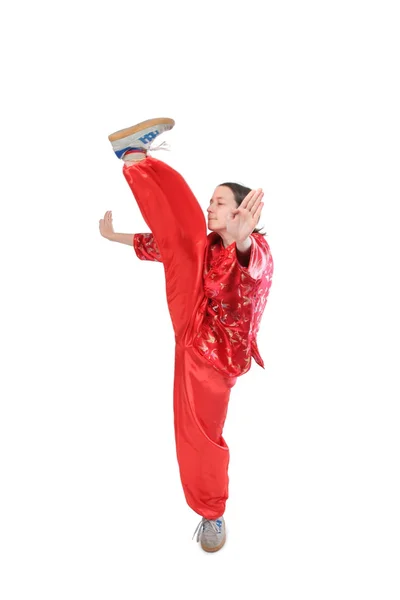 Kung fu menina alta pontapé — Fotografia de Stock