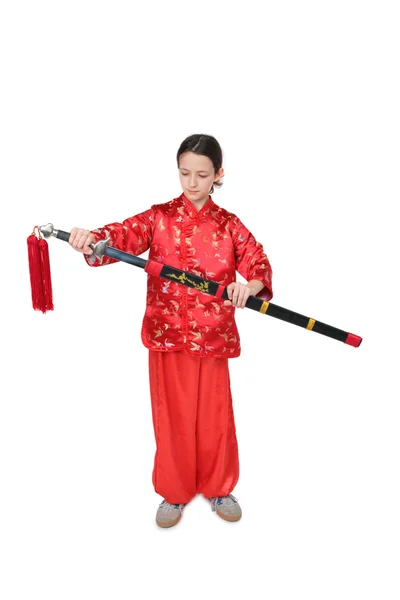 Κορίτσι με κόκκινο χρώμα με σπαθί — Φωτογραφία Αρχείου