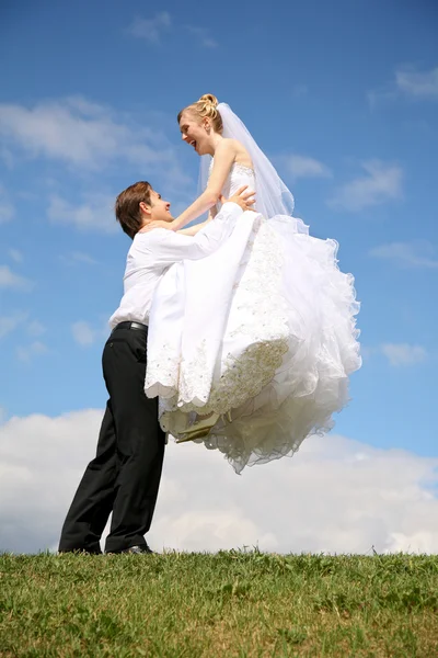 Prometido levanta novia en las manos en el prado Imagen de archivo