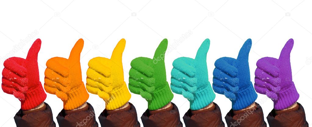 Hands in rainbow gloves show gesture ok on white, collage