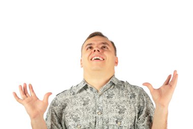 Man in enthusiasm looks upward clipart