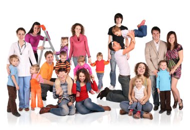 Many families with children group isolated collage clipart