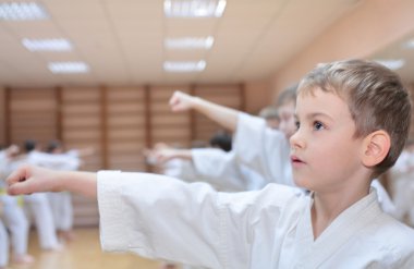 Boy in sports hall is engaged in karate