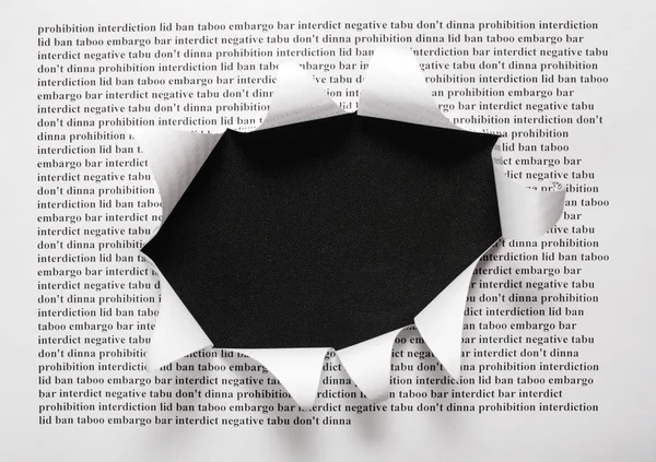 The sheet of paper with printing words and the cut hole against the black b — Stock Photo, Image