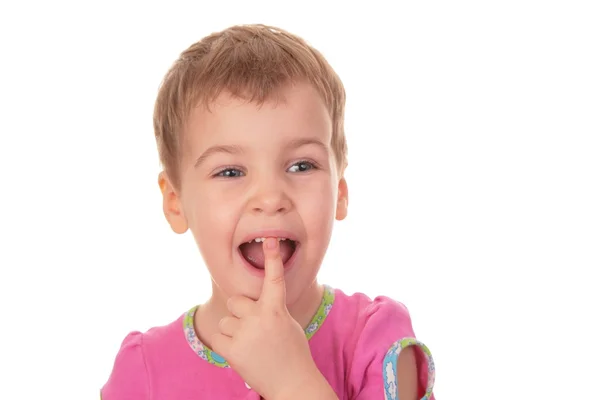 Παιδί με το δάχτυλο στο στόμα δόντι — Φωτογραφία Αρχείου