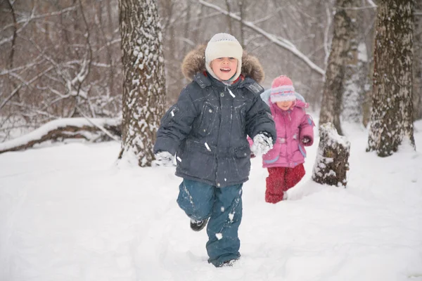 Två barn i skogen på vintern — Stockfoto