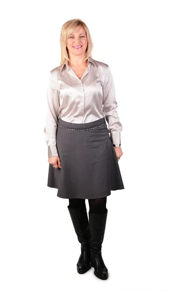 Middleaged woman stands on white — Stock Photo, Image