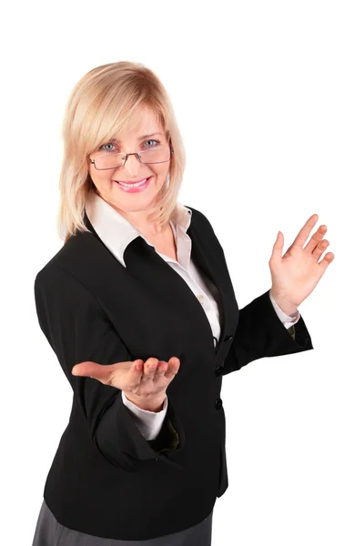 Middleaged woman makes inviting gesture — Stock Photo, Image