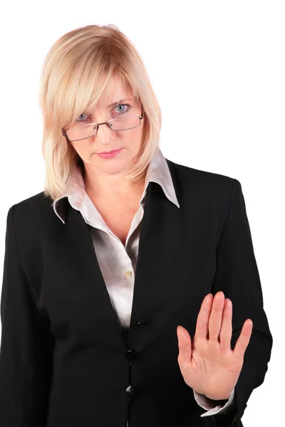 Middleaged businesswoman gives gesture — Stock Photo, Image