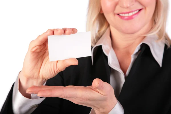 Kobieta pokazano białe karty dla tekstu 2 — Zdjęcie stockowe