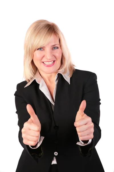 Middleaged woman gives gesture 3 two finger ok — Stock Photo, Image