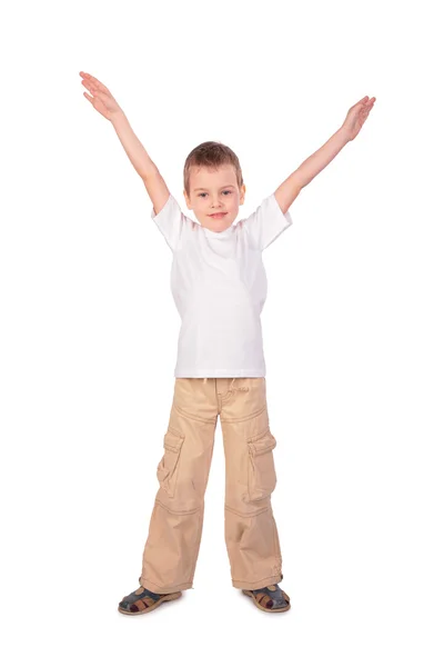 Хлопчик в білій сорочці рука вгору — стокове фото