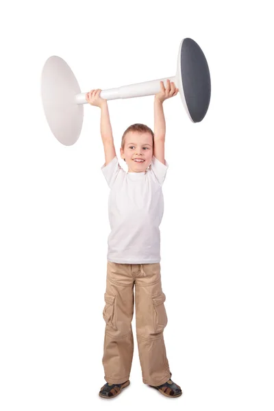 Boy lifts stool — Stock Photo, Image