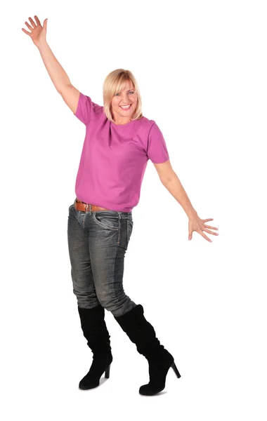 Middleaged žena v růžové tričko stojí tance 3 — Stock fotografie