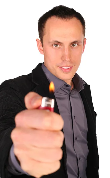 Ung affärsman ger eld — Stockfoto